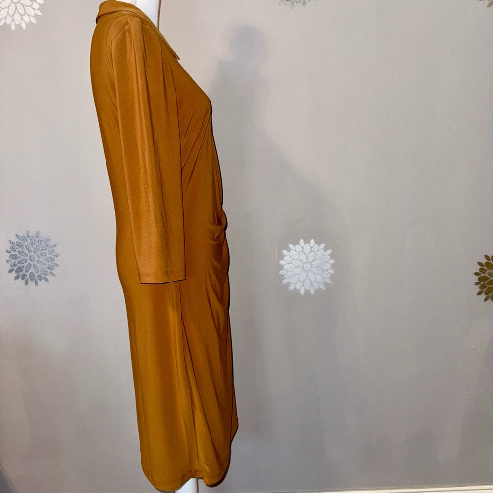 Collared V-Neck Wrap Dress 3/4 Sleeve Mustard Camel Brown Fall/Autumn‎ Ladies - Picture 4 of 16